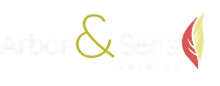 Logo Arbor & Sens Jardins avec texte blanc, esperluette jaune-verte, et motif de feuille rouge et jaune.