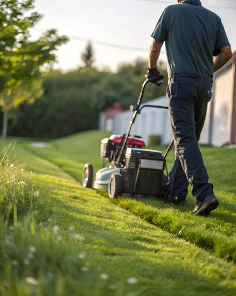 A man mowing the lawn with a gas-powered mower.