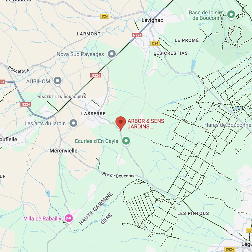 Carte géographique situant Arbor & Sens Jardins près de Lasserre, Haute-Garonne, avec routes N224 et Forêt de Bouconne.